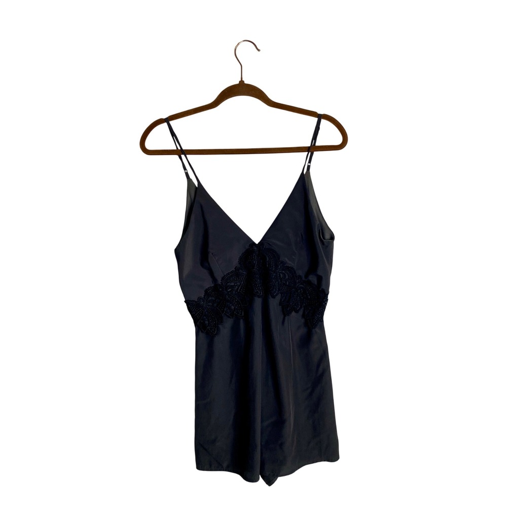 4SI3NNA Black Lace Trim Romper Small V-Neck Cami Shorts Jumpsuit Lingerie Style